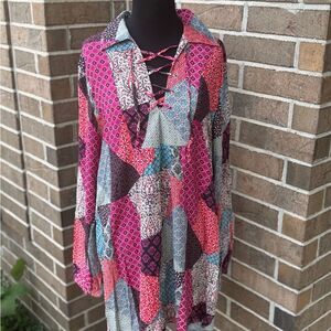 Patchwork Lace-Up Blouse - Multicolor